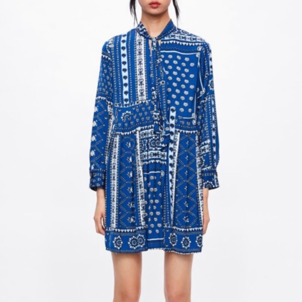 Zara blue white patchwork mini dress with neck tie